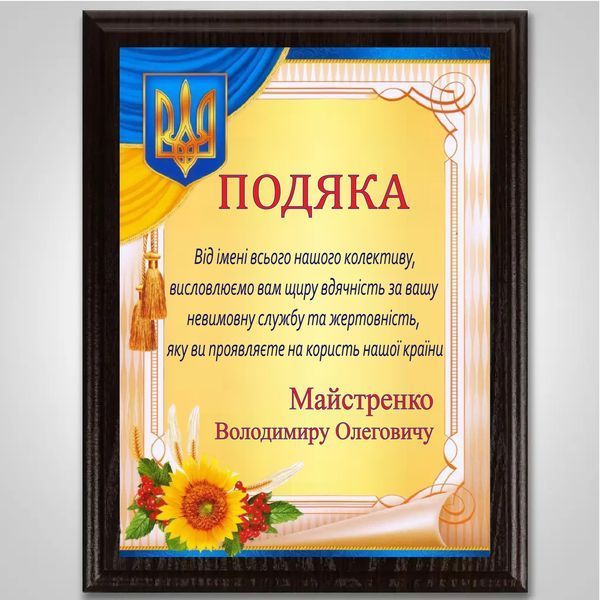 Диплом із дерев'яною плакеткою на металі нагородженою для військового 1938181966 фото