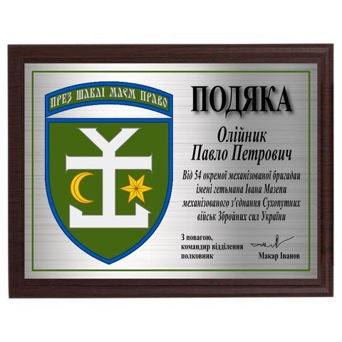 Замовити дипломи на металі з плакеткою для воїна ЗСУ 2011734157 фото