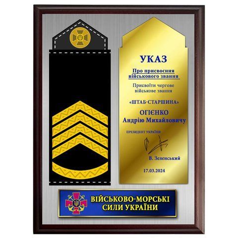 Подарунок ВМС сувенірний погон на плакетці доповнення на пам'ять про присвоєння воїнського звання 2110220087 фото