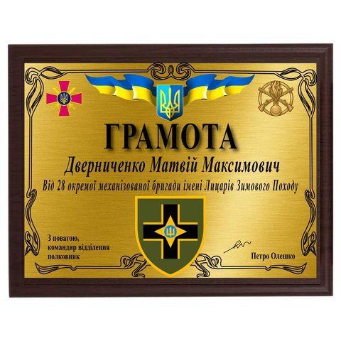 Плакетки Київ купити диплом на металі для воїна ЗСУ 2012048745 фото
