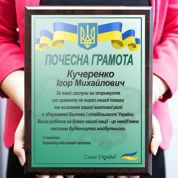 Плакетка подарунок для військового диплом металевий із Вашим текстом 2001969719 фото