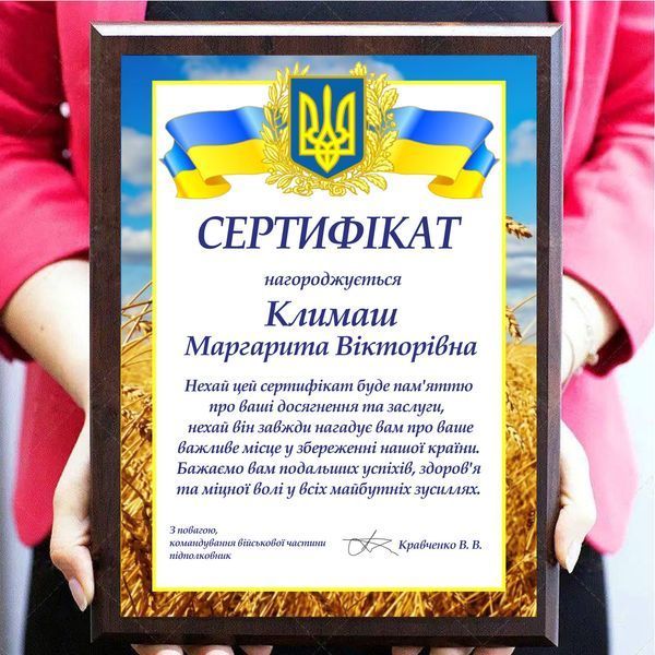 Подяка військовому диплом на металі з дерев'яною основою 1940237887 фото
