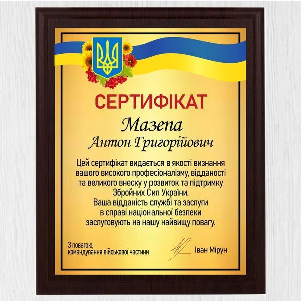 Подяка військовому диплом на металі з дерев'яною основою 1940237887 фото