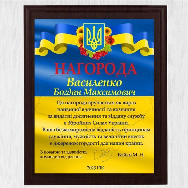 Сертифікат металевий для військовослужбовця ЗСУ на плакетці підкладці 1940301609 фото