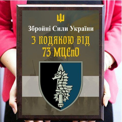 Диплом на металі з дерев'яною плакеткою від військових "З подякою від 73 МЦСПО" 2099727736 фото